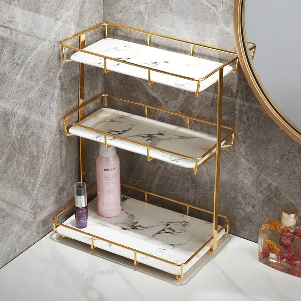 Dobbyby Bathroom Organizer Countertop Perfume Organizer Makeup Organizer Cosmetics Storage Display Rack 3 Tier Vanity Tray Dresser Stainless Steel Gold Shelf White Marble Print Ceramic Tray, XX-Large