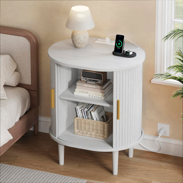 DHH Mid Century Modern Nightstand with Charging Station, Fluted Accent Side Table with Sliding Door & Adjustable Shelf, End Table for Small Space, Living Room, Bedroom,Sofa Couch(1, White)