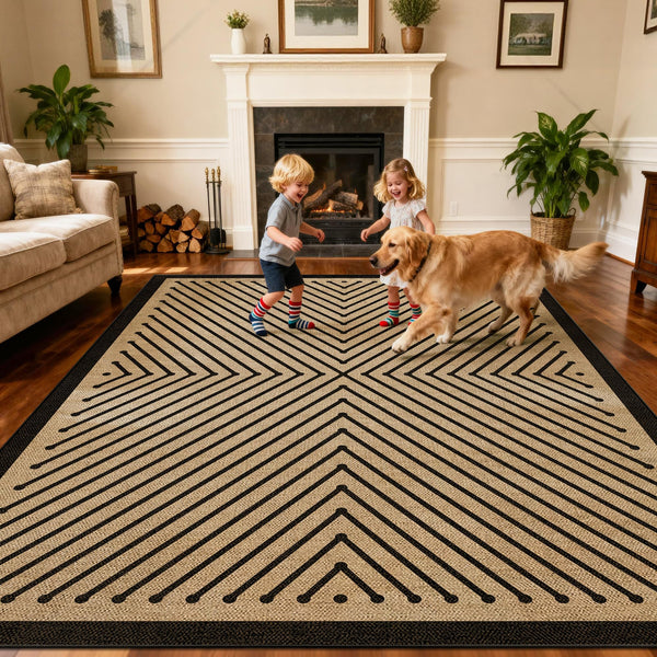 Washable Modern Geometric Easy Jute Rug, 5x7 Neutral Black Boho Outdoor Indoor Patio Farmhouse Large Area Rugs, Woven Lightweight Non Slip Carpet Mat for Living Dining Room Bedroom Classroom Backyard