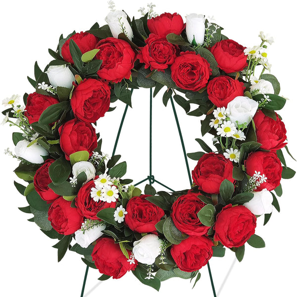 Cemetery Wreaths for Graves,Christmas Wreath for Cemetery,Memorial Day Grave Wreath,Headstone Wreaths on Metal Stand,Spring Artificial Flower Wreath:Red Peony,White Rose