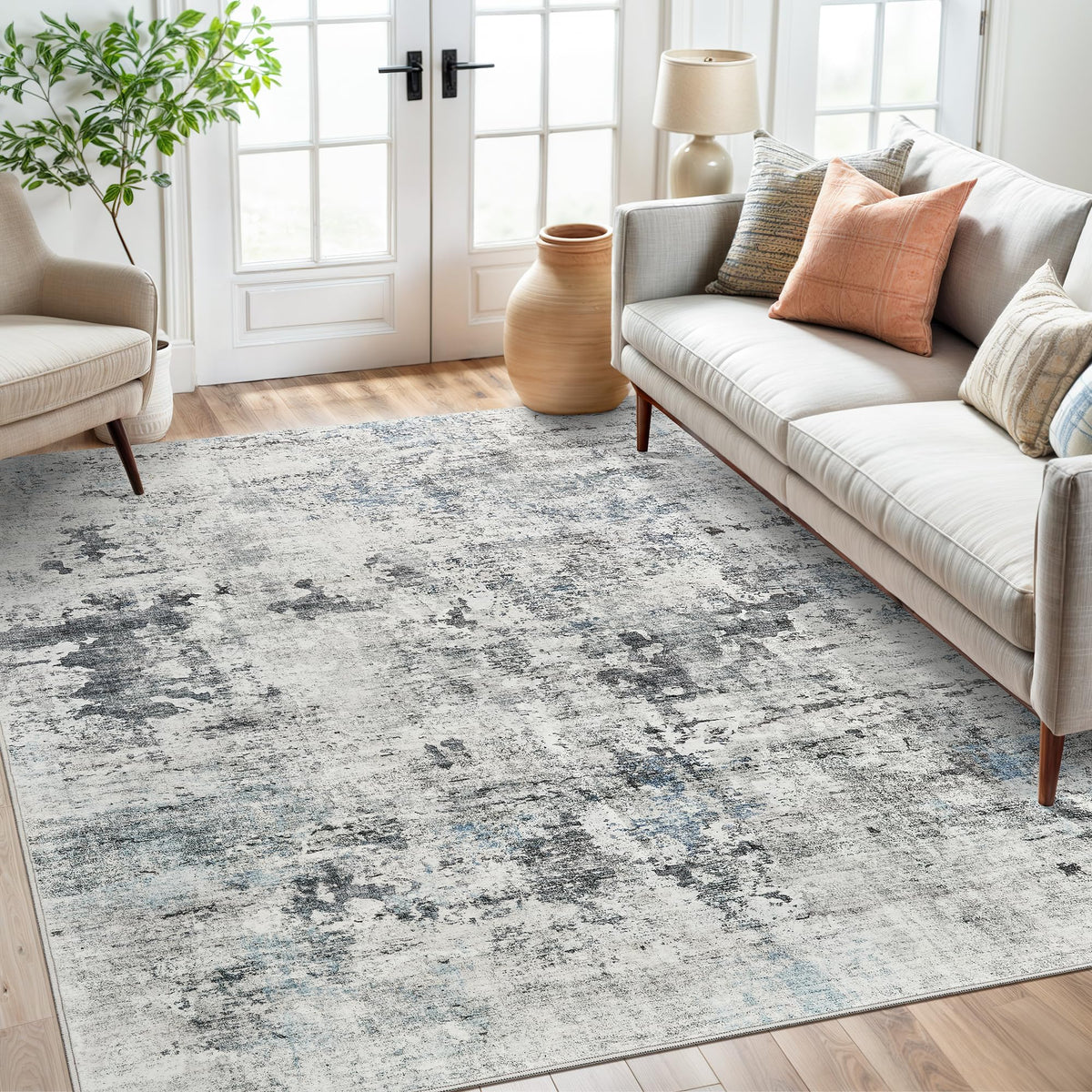 Abstract Rug 8x10 Large Living Room Rugs Neutral Modern Washable Area Rugs for Bedroom Dining Room Non-Slip Stain Resistant Foldable Thin Rug Blue Yellow