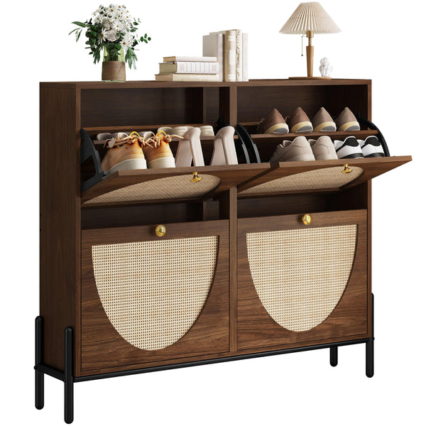 IRONCK Rattan Shoe Cabinet Storage with 4 Flip Drawers, Freestanding Shoe Storage Organizer Cabinet for Entryway, Narrow Shoe Rack Cabinet, Walnut