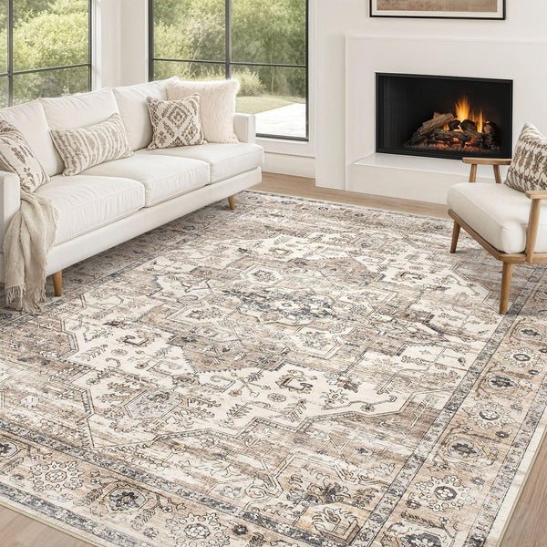 Area Rug 10x12 Washable Vintage - Soft Traditional Rugs for Living Room Large Non Slip Backing with Low Pile Farmhouse Oriental Retro Carpet for Bedroom Dining Room or Home Office - Blue