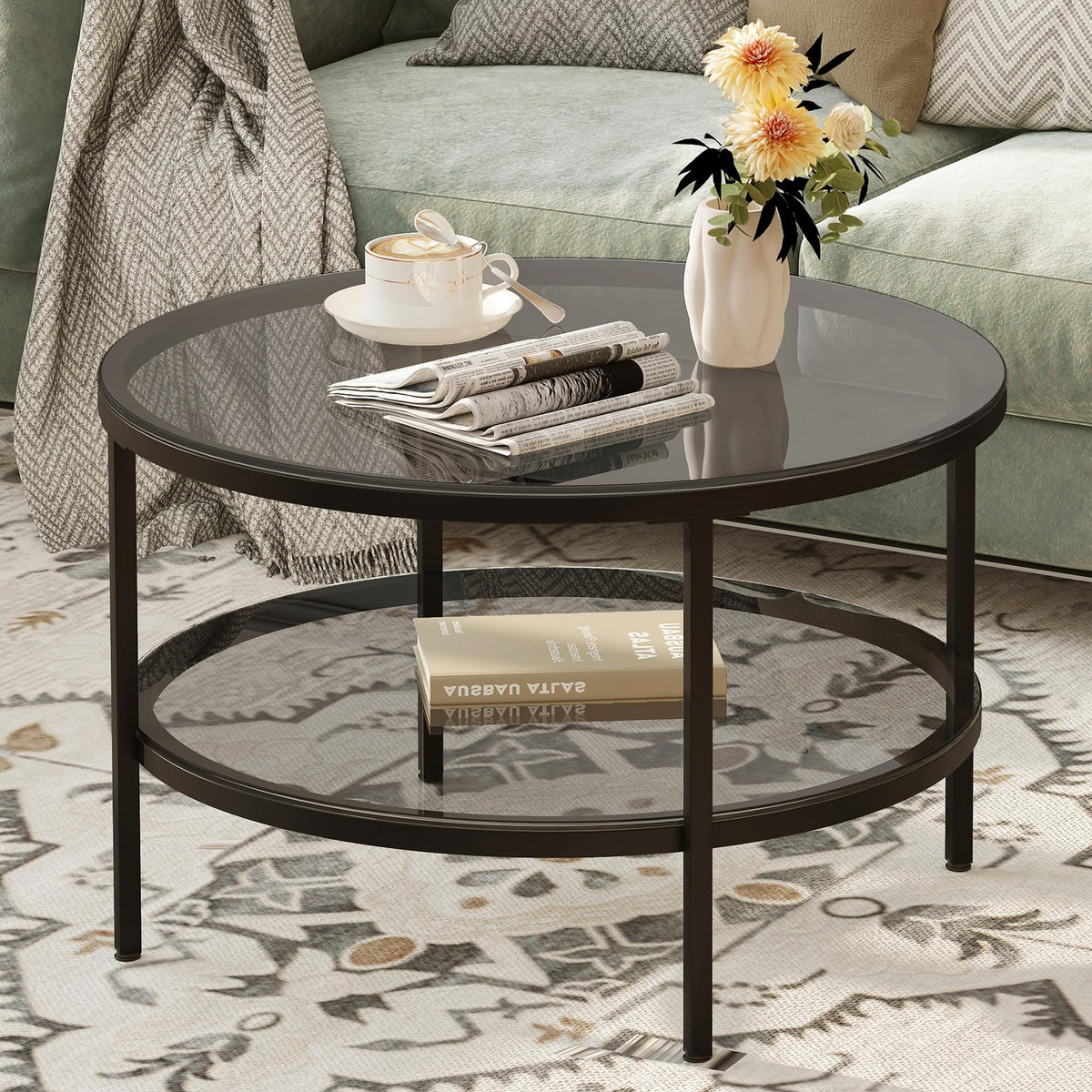 Yusong Glass Round Coffee Table for Living Room (Black, 2 Tier)