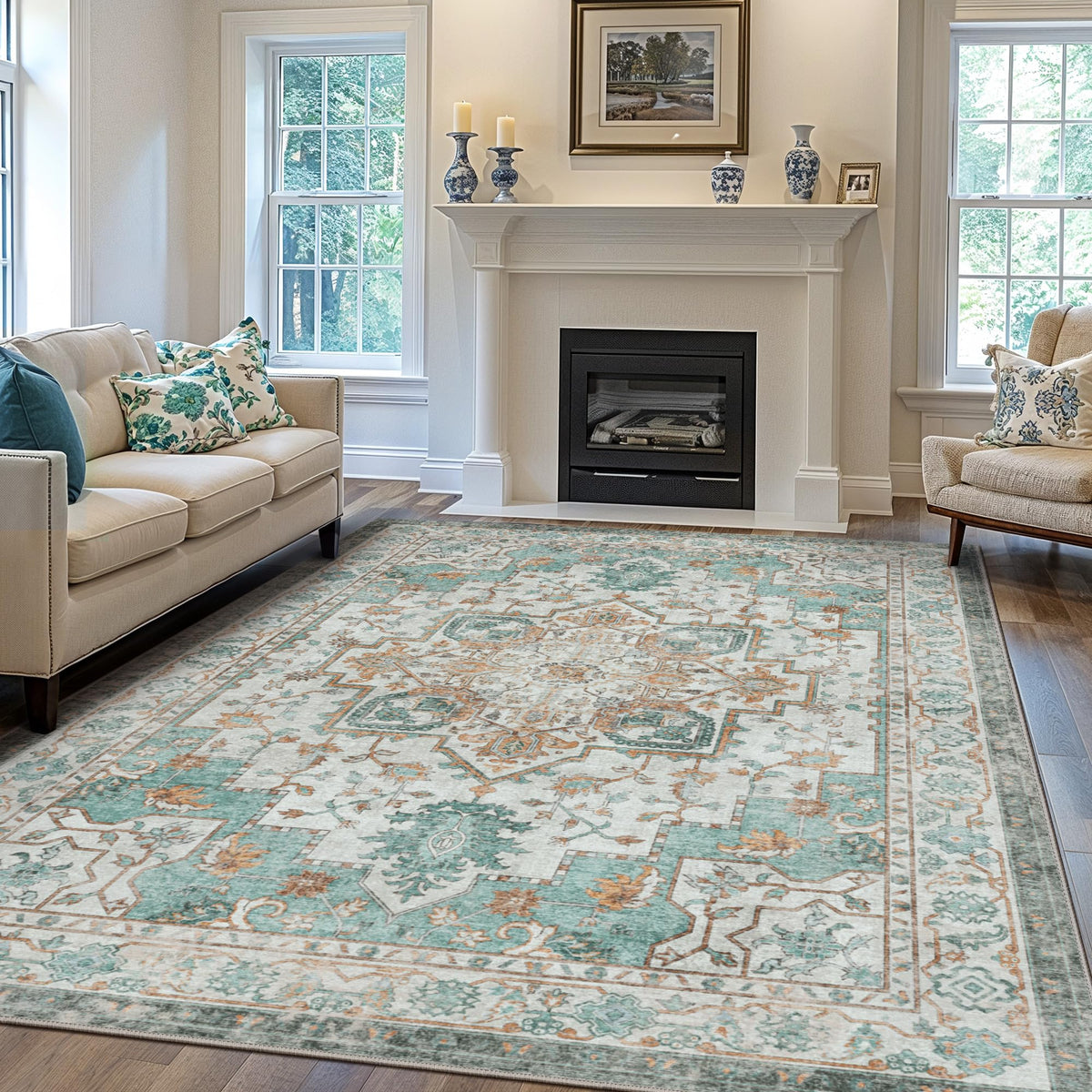 GENIMO 8x10 Area Rugs for Living Room, Machine Washable Non Slip Vintage Rugs, Low Pile Lightweight Print Rug for Bedroom, Dining Room, Home Office, Warm Brown
