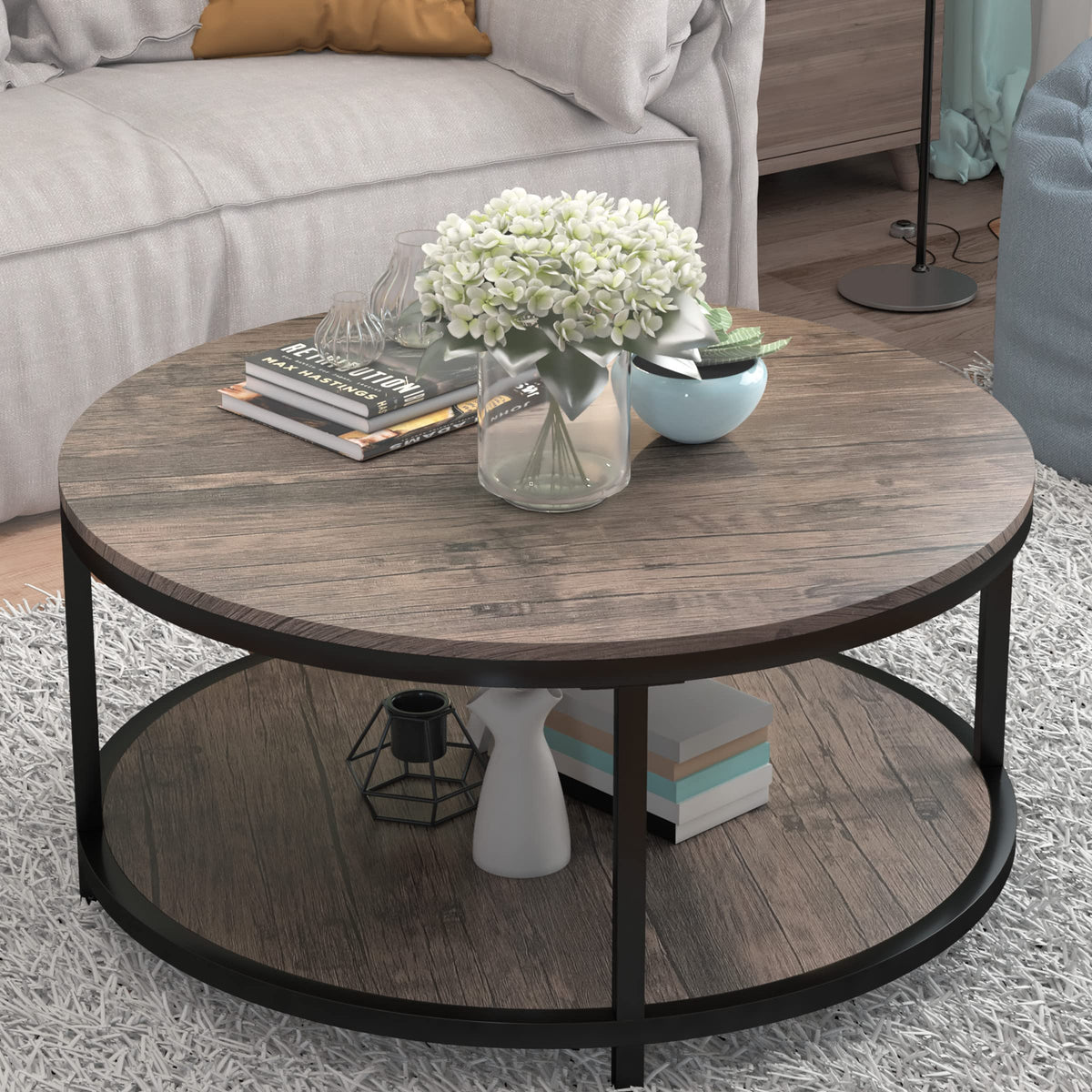 NSdirect NS Round Coffee Table, 36 in x 36 in x 18 in, Light Walnut