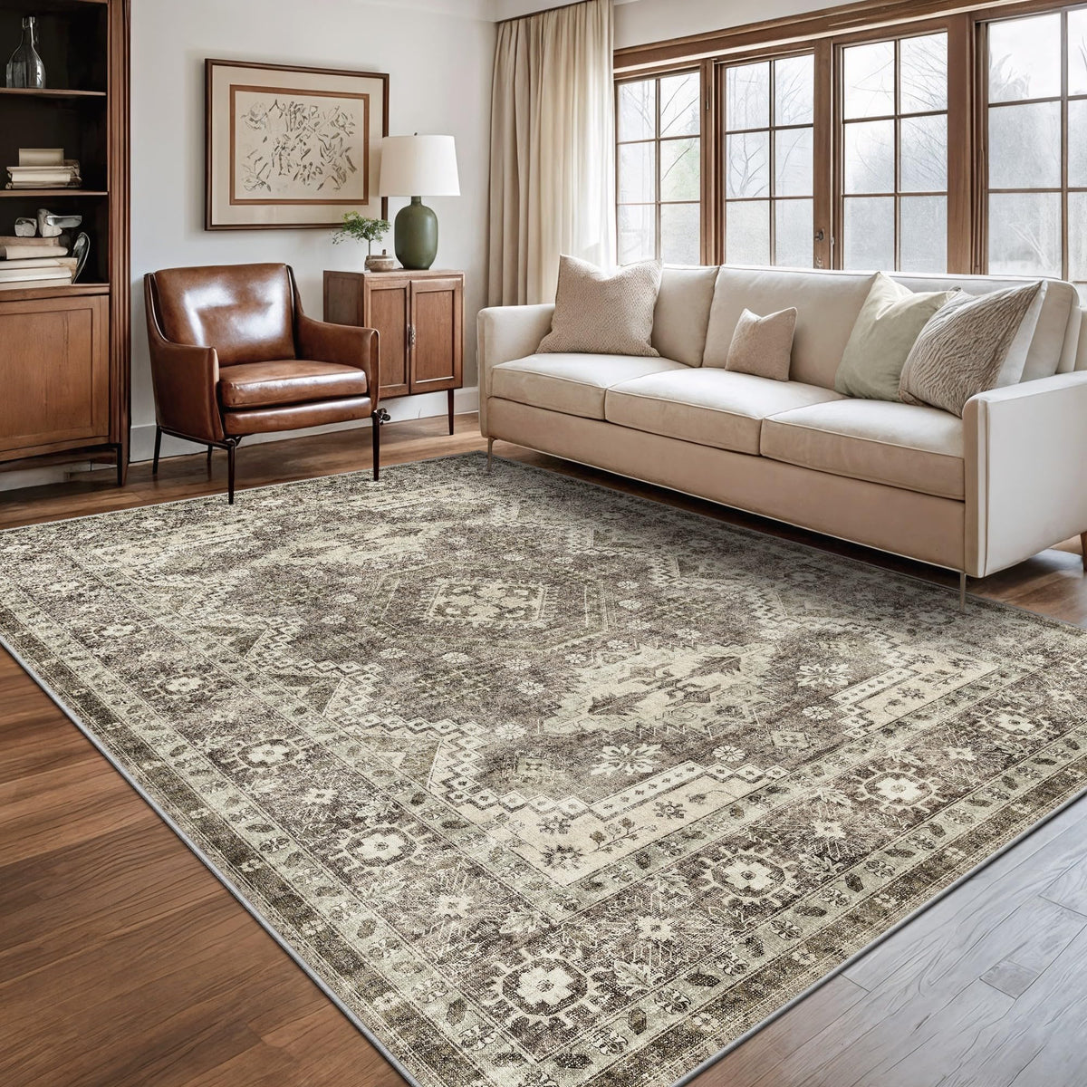 Rugland 8x10 Area Rugs - Stain Resistant Washable Rug, Anti Slip Backing Rugs for Living Room, Vintage Tribal Area Rugs(TPR07-Grey, 8'x10')