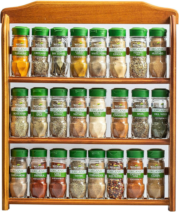 McCormick Gourmet Three Tier Wood 24 Piece Organic Spice Rack Organizer with Spices Included, 27.6 oz