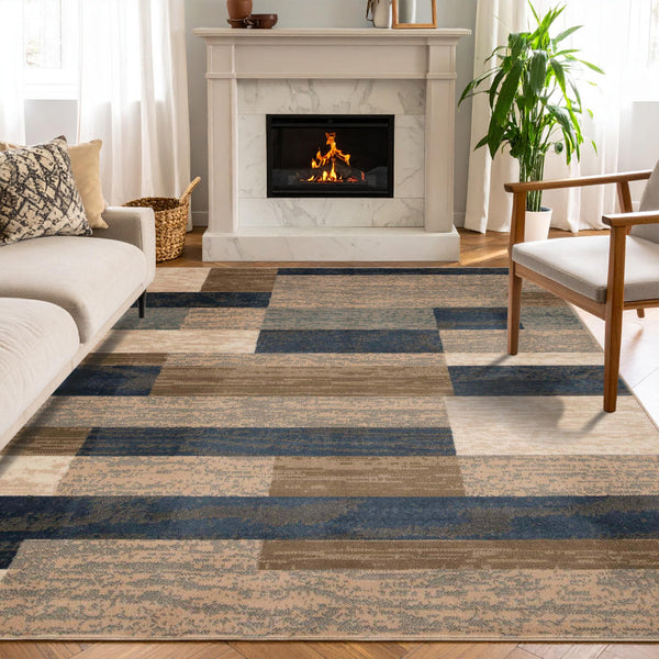 Superior Indoor Runner Rug, Jute Backed, Modern Geometric Patchwork Floor Decor for Bedroom, Office, Living Room, Entryway, Hardwood Floors, Rockwood Collection, 2' 7" x 12', Light Blue - Beige