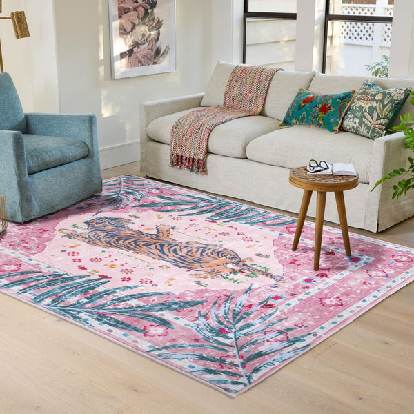 6x9 FT Leopard Rug for Living Room Light Pink Leopard Vintage Animal Rug Aesthetic Pink Rugs for Girls Room Nursery Bedroom Home Office Dorm Thin Bright Blush Pink Carpet (Light Pink, 6X9 FT)