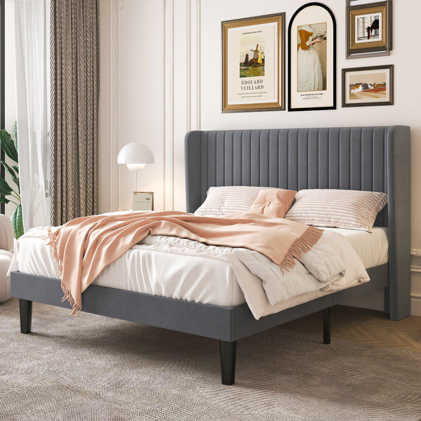 SHA CERLIN Full Size Velvet Bed Frame with Vertical Channel Tufted Wingback Headboard, Upholstered Platform Bed with Wood Slats, No Box Spring Needed, Easy Assembly, Grey