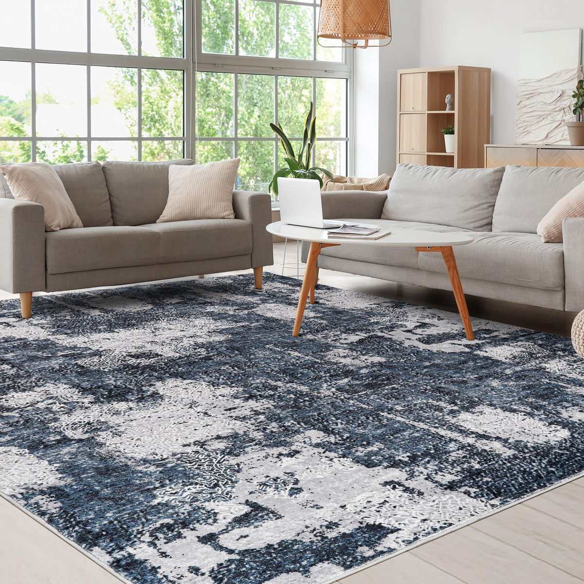 Modern Abstract Area Rug, 6x9 Washable Rugs for Living Room Bedroom Office Floor Rug Dining Room Indoor Accent, Soft Thin Throw Rug Floor Carpet for Kids Pet (Navy Blue/White)