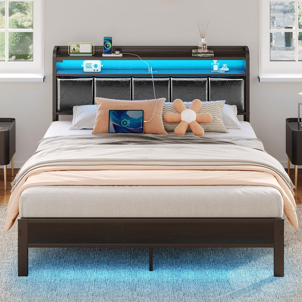 Rolanstar Queen Bed Frame with LED Lights, Upholstered Headboard, Charging Station, Storage Shelves, Heavy Duty Metal Slats, No Box Spring Needed, Noise Free, Easy Assembly, Grey