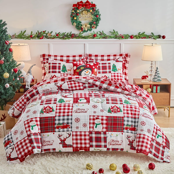 Joyreap 3pcs Christmas Comforter Set, Xmas Red Tree Snowman Gingerbread Man Design, Soft Microfiber Bedding Comforter for All Season (Queen, 88x88 inches)