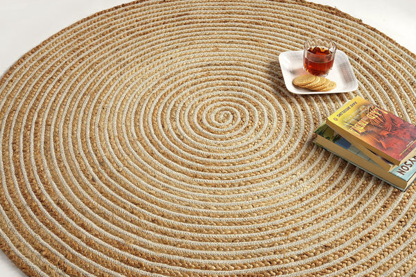 GRUHUM Handwoven Round Jute Area Rug 8ft Natural Fiber Cotton Boho Farmhouse Rustic Vintage Soft Braided Reversible Eco Friendly Rugs- Indoor Kitchen Bedroom Living Room Hallways (8'ft Circle)